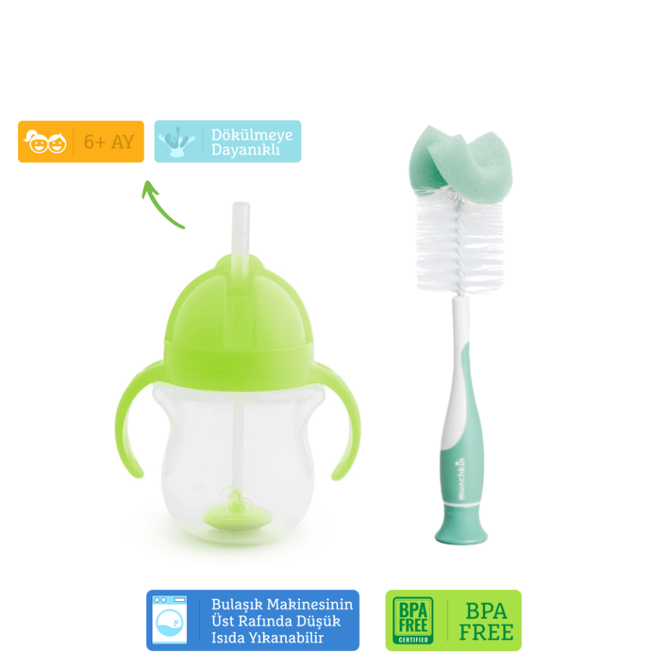 Munchkin Tıklama Kilitli Uçlu Pipetli Alıştırma Bardağı, 6ay+, 207ml, Yeşil  ve Sünger Uçlu Biberon, Bardak ve Şişe Temizleme Fırçası,Yeşil