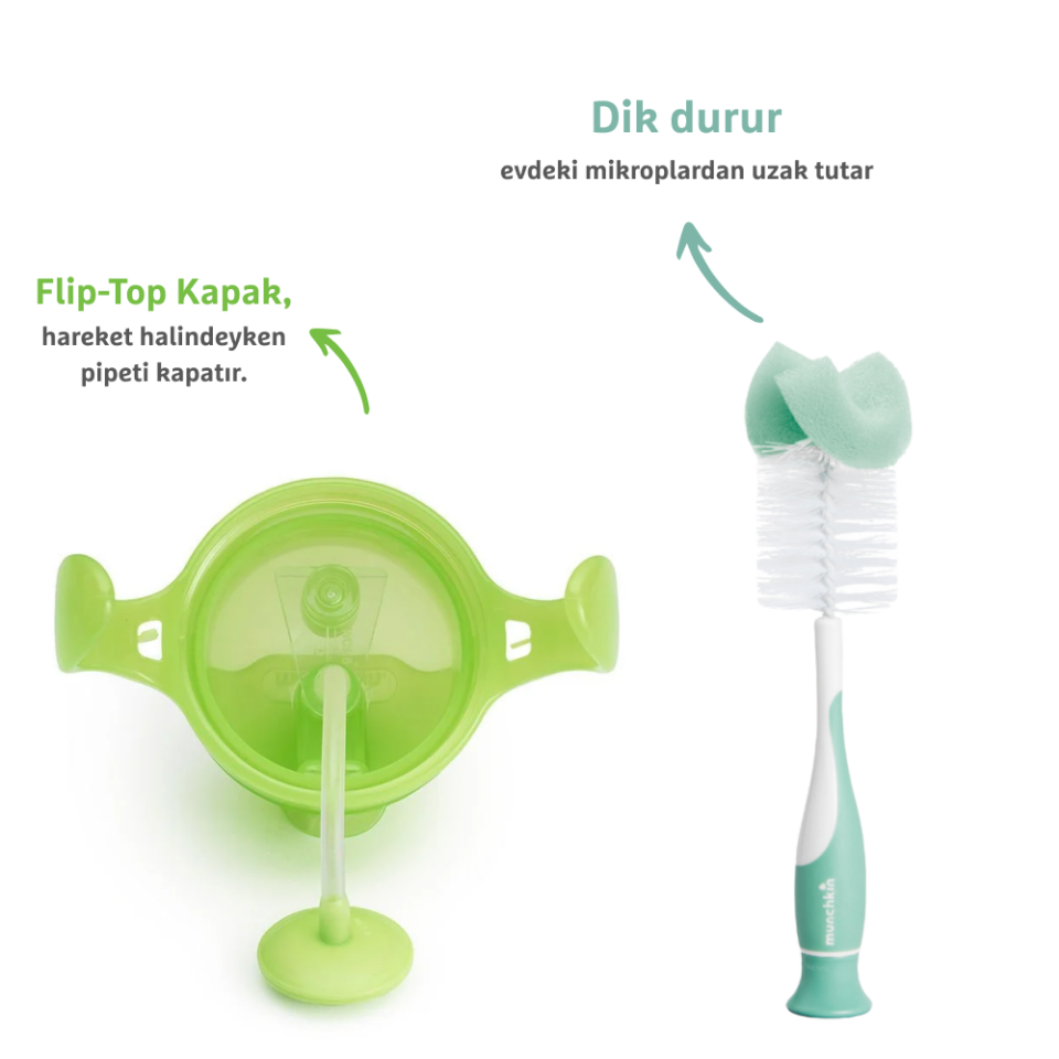 Munchkin Tıklama Kilitli Uçlu Pipetli Alıştırma Bardağı, 6ay+, 207ml, Yeşil  ve Sünger Uçlu Biberon, Bardak ve Şişe Temizleme Fırçası,Yeşil