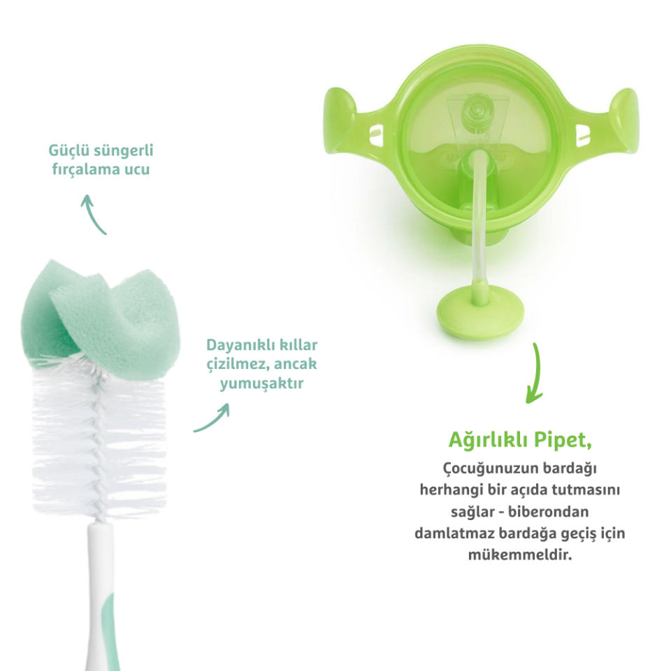 Munchkin Tıklama Kilitli Uçlu Pipetli Alıştırma Bardağı, 6ay+, 207ml, Yeşil  ve Sünger Uçlu Biberon, Bardak ve Şişe Temizleme Fırçası,Yeşil
