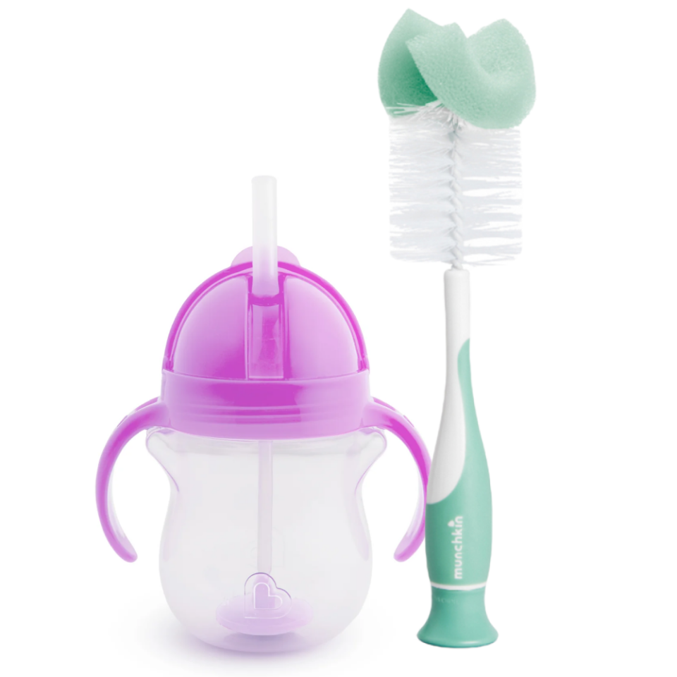Munchkin Tıklama Kilitli Uçlu Pipetli Alıştırma Bardağı, 6ay+, 207ml, Mor  ve Sünger Uçlu Biberon, Bardak ve Şişe Temizleme Fırçası,Yeşil