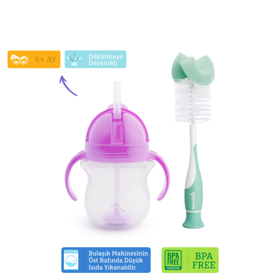 Munchkin Tıklama Kilitli Uçlu Pipetli Alıştırma Bardağı, 6ay+, 207ml, Mor  ve Sünger Uçlu Biberon, Bardak ve Şişe Temizleme Fırçası,Yeşil