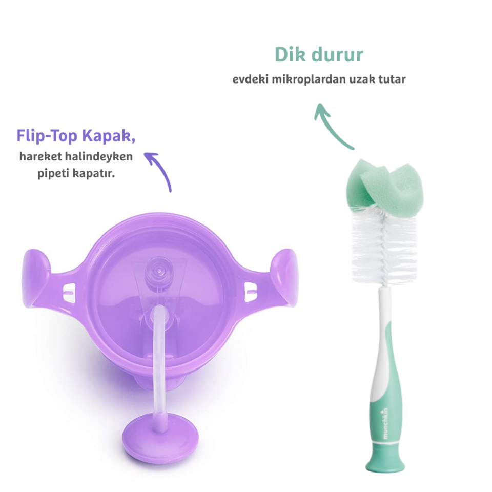 Munchkin Tıklama Kilitli Uçlu Pipetli Alıştırma Bardağı, 6ay+, 207ml, Mor  ve Sünger Uçlu Biberon, Bardak ve Şişe Temizleme Fırçası,Yeşil