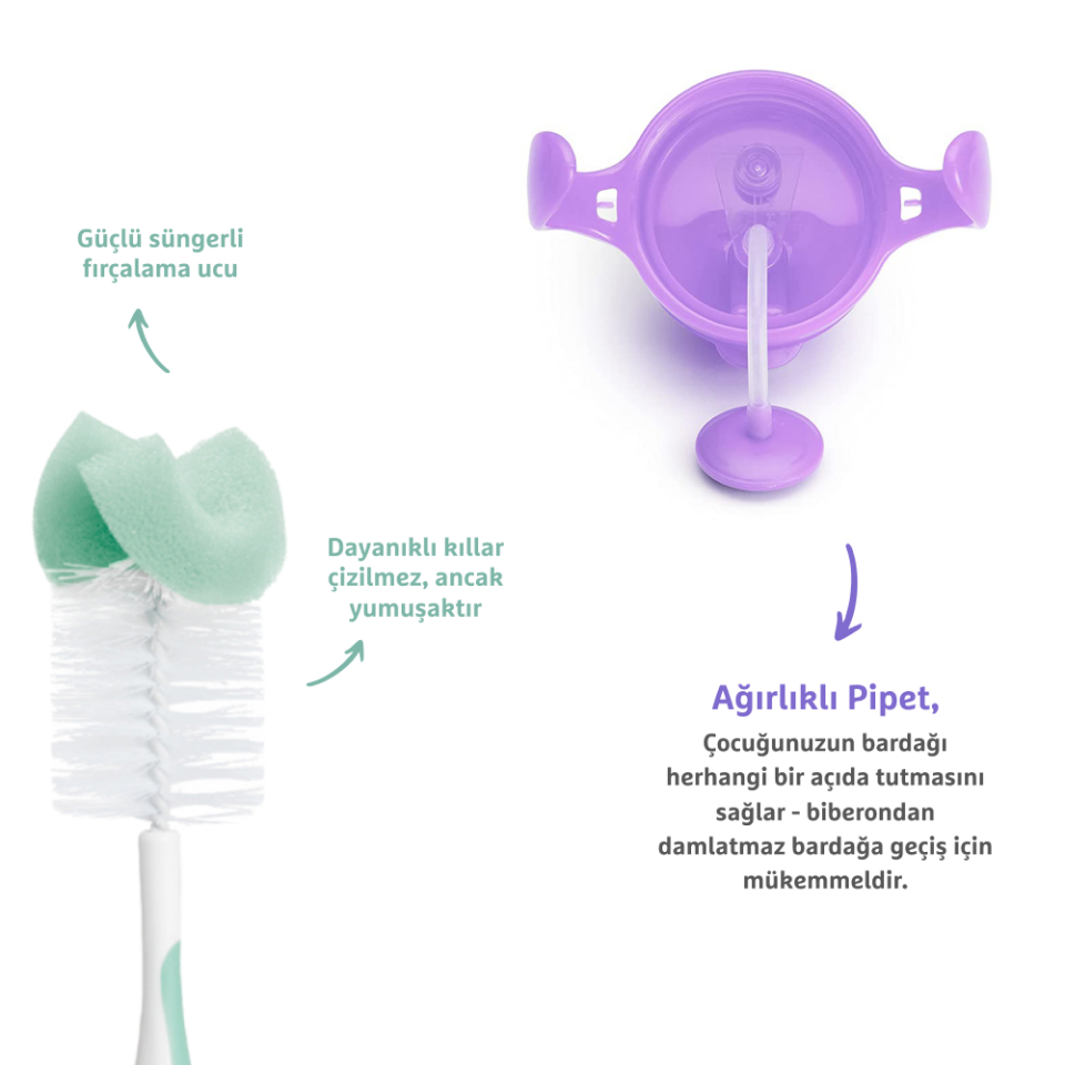 Munchkin Tıklama Kilitli Uçlu Pipetli Alıştırma Bardağı, 6ay+, 207ml, Mor  ve Sünger Uçlu Biberon, Bardak ve Şişe Temizleme Fırçası,Yeşil