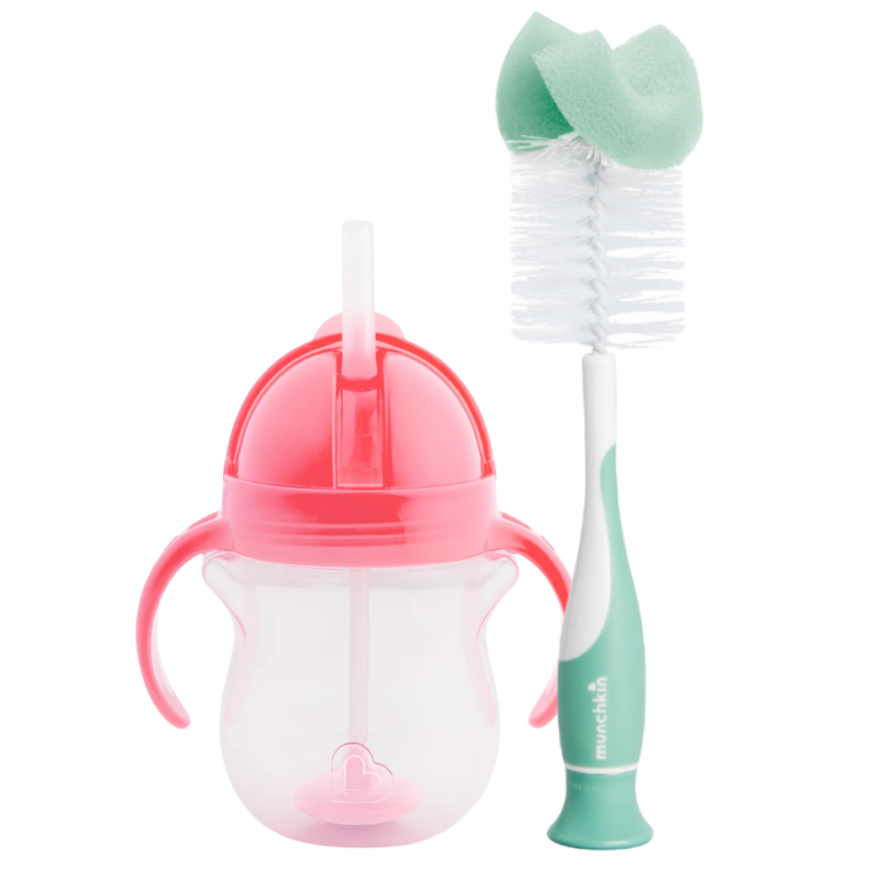 Munchkin Tıklama Kilitli Uçlu Pipetli Alıştırma Bardağı, 6ay+, 207ml, Pembe  ve Sünger Uçlu Biberon, Bardak ve Şişe Temizleme Fırçası,Yeşil