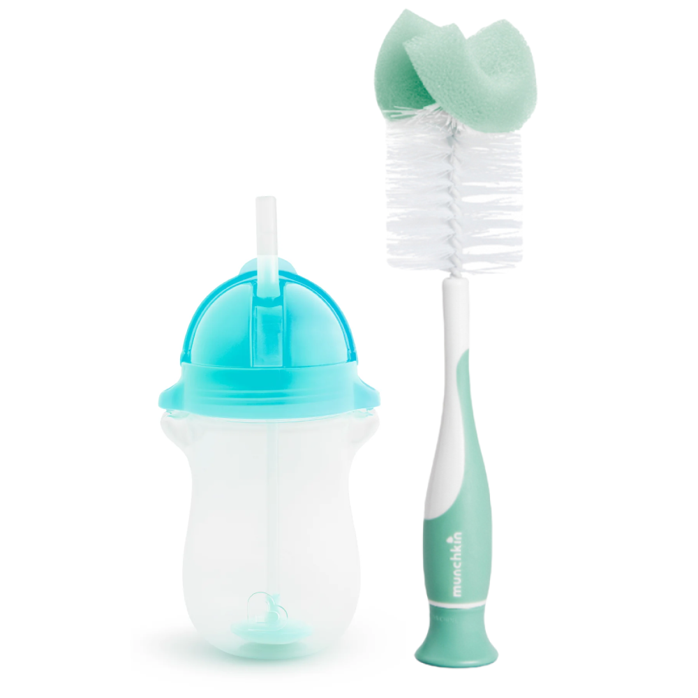 Munchkin Tıklama Kilitli Uçlu Pipetli Alıştırma Bardağı, 12ay+, 296ml,Mavi  ve Sünger Uçlu Biberon, Bardak ve Şişe Temizleme Fırçası,Yeşil