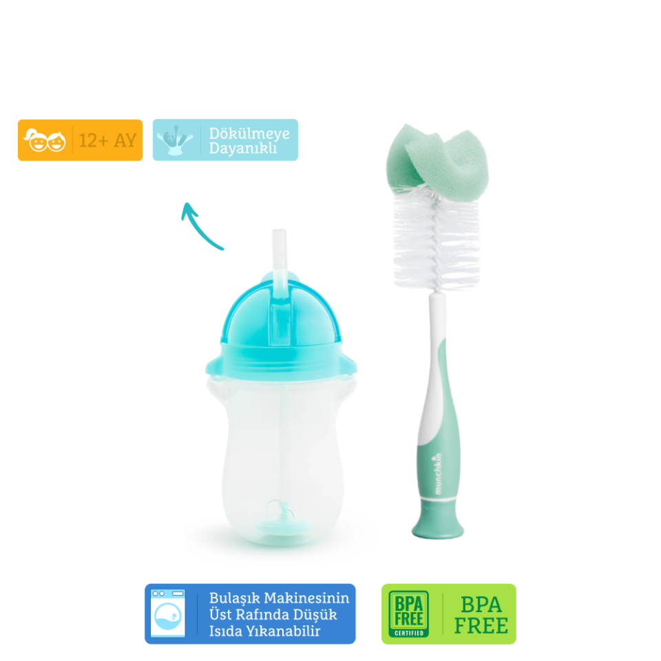 Munchkin Tıklama Kilitli Uçlu Pipetli Alıştırma Bardağı, 12ay+, 296ml,Mavi  ve Sünger Uçlu Biberon, Bardak ve Şişe Temizleme Fırçası,Yeşil