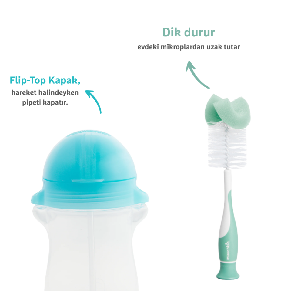 Munchkin Tıklama Kilitli Uçlu Pipetli Alıştırma Bardağı, 12ay+, 296ml,Mavi  ve Sünger Uçlu Biberon, Bardak ve Şişe Temizleme Fırçası,Yeşil