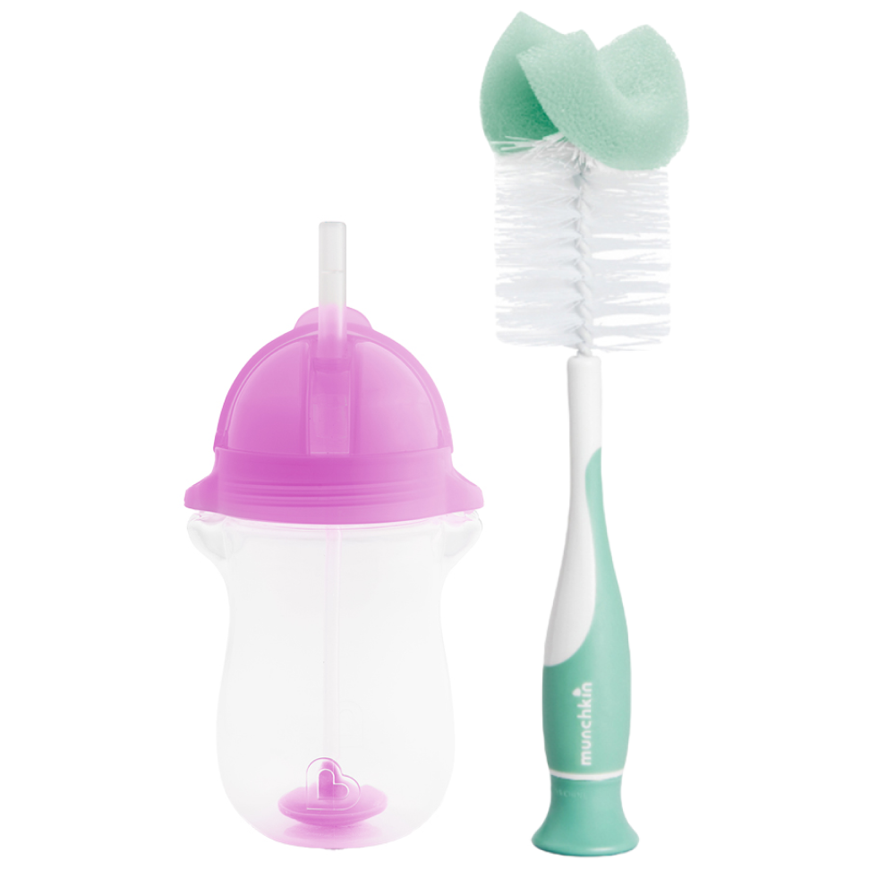 Munchkin Tıklama Kilitli Uçlu Pipetli Alıştırma Bardağı, 12ay+, 296ml,Mor  ve Sünger Uçlu Biberon, Bardak ve Şişe Temizleme Fırçası,Yeşil