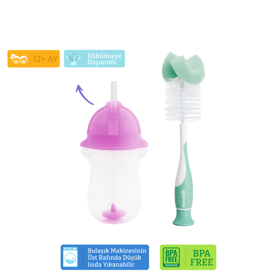 Munchkin Tıklama Kilitli Uçlu Pipetli Alıştırma Bardağı, 12ay+, 296ml,Mor  ve Sünger Uçlu Biberon, Bardak ve Şişe Temizleme Fırçası,Yeşil