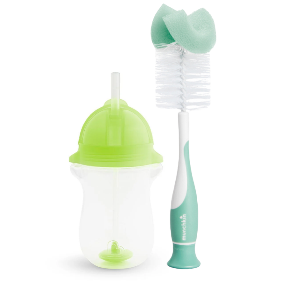 Munchkin Tıklama Kilitli Uçlu Pipetli Alıştırma Bardağı, 12ay+, 296ml,Yeşil  ve Sünger Uçlu Biberon, Bardak ve Şişe Temizleme Fırçası,Yeşil