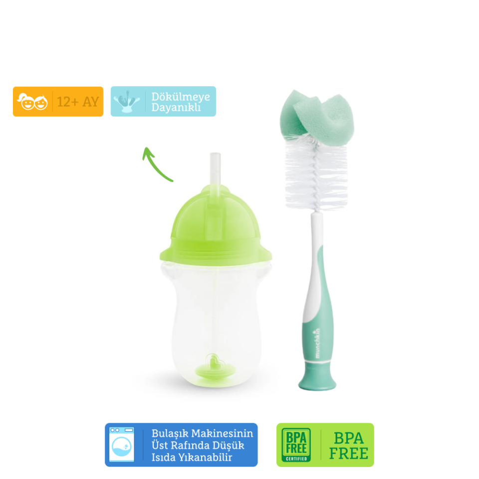 Munchkin Tıklama Kilitli Uçlu Pipetli Alıştırma Bardağı, 12ay+, 296ml,Yeşil  ve Sünger Uçlu Biberon, Bardak ve Şişe Temizleme Fırçası,Yeşil