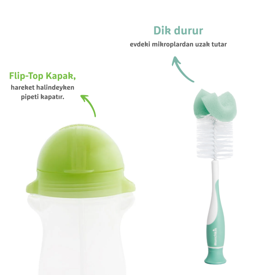 Munchkin Tıklama Kilitli Uçlu Pipetli Alıştırma Bardağı, 12ay+, 296ml,Yeşil  ve Sünger Uçlu Biberon, Bardak ve Şişe Temizleme Fırçası,Yeşil