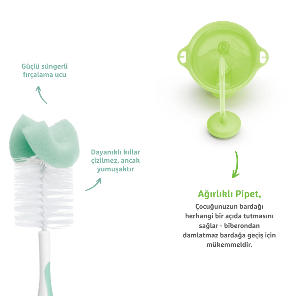 Munchkin Tıklama Kilitli Uçlu Pipetli Alıştırma Bardağı, 12ay+, 296ml,Yeşil  ve Sünger Uçlu Biberon, Bardak ve Şişe Temizleme Fırçası,Yeşil