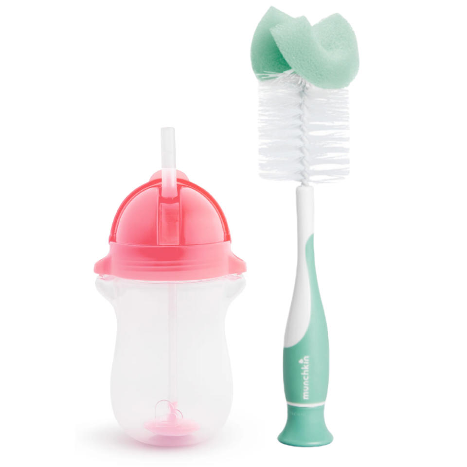 Munchkin Tıklama Kilitli Uçlu Pipetli Alıştırma Bardağı, 12ay+, 296ml,Pembe  ve Sünger Uçlu Biberon, Bardak ve Şişe Temizleme Fırçası,Yeşil