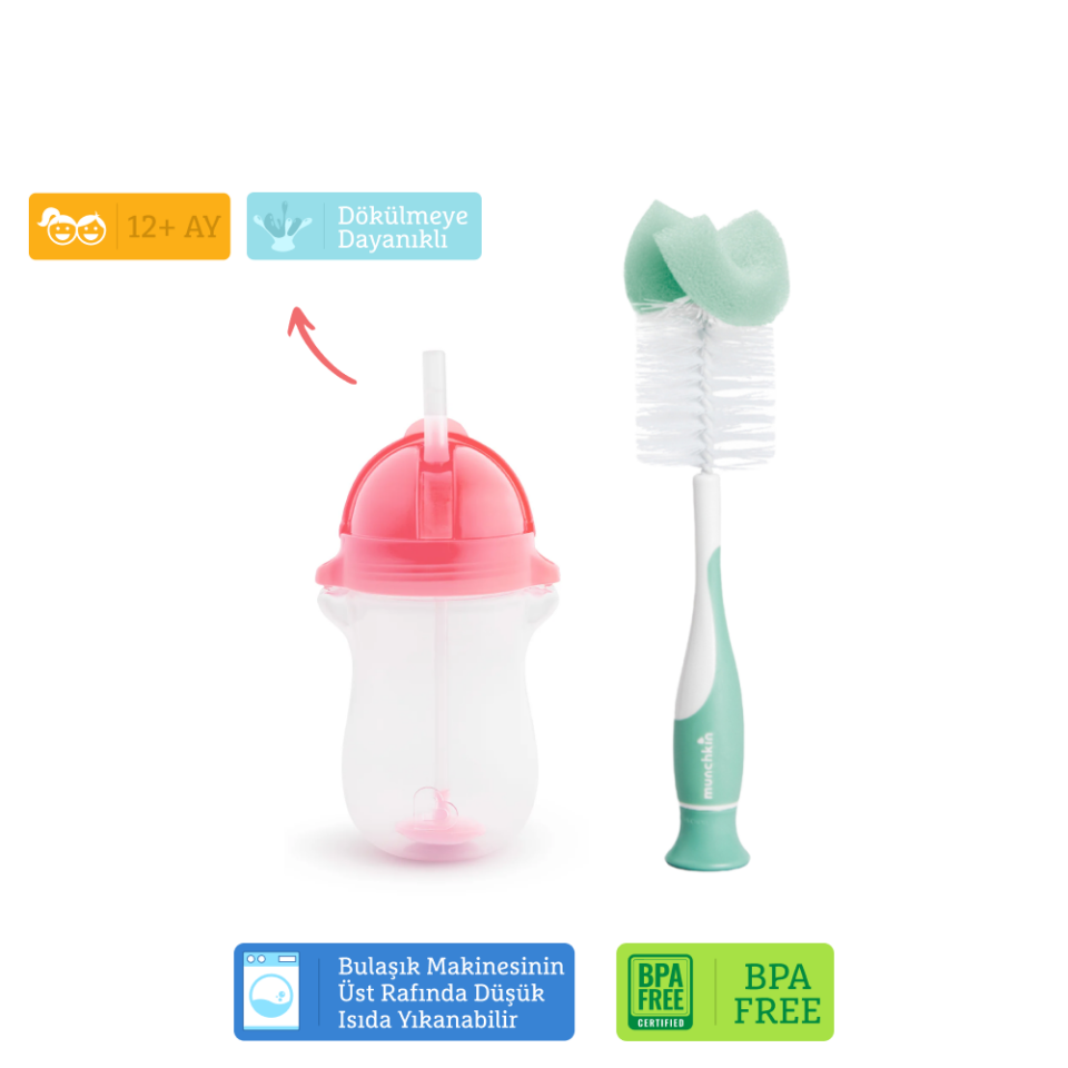 Munchkin Tıklama Kilitli Uçlu Pipetli Alıştırma Bardağı, 12ay+, 296ml,Pembe  ve Sünger Uçlu Biberon, Bardak ve Şişe Temizleme Fırçası,Yeşil