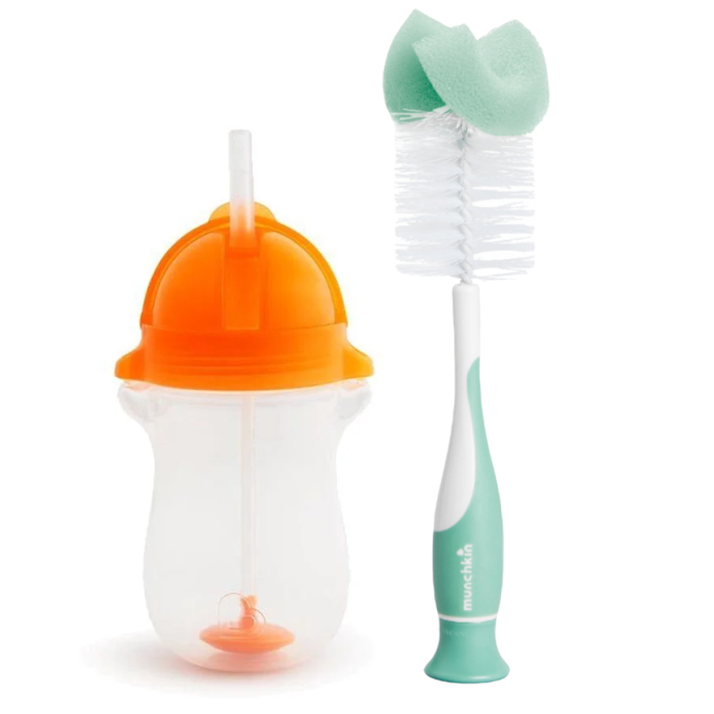 Munchkin Tıklama Kilitli Uçlu Pipetli Alıştırma Bardağı, 12ay+, 296ml,Turuncu  ve Sünger Uçlu Biberon, Bardak ve Şişe Temizleme Fırçası,Yeşil