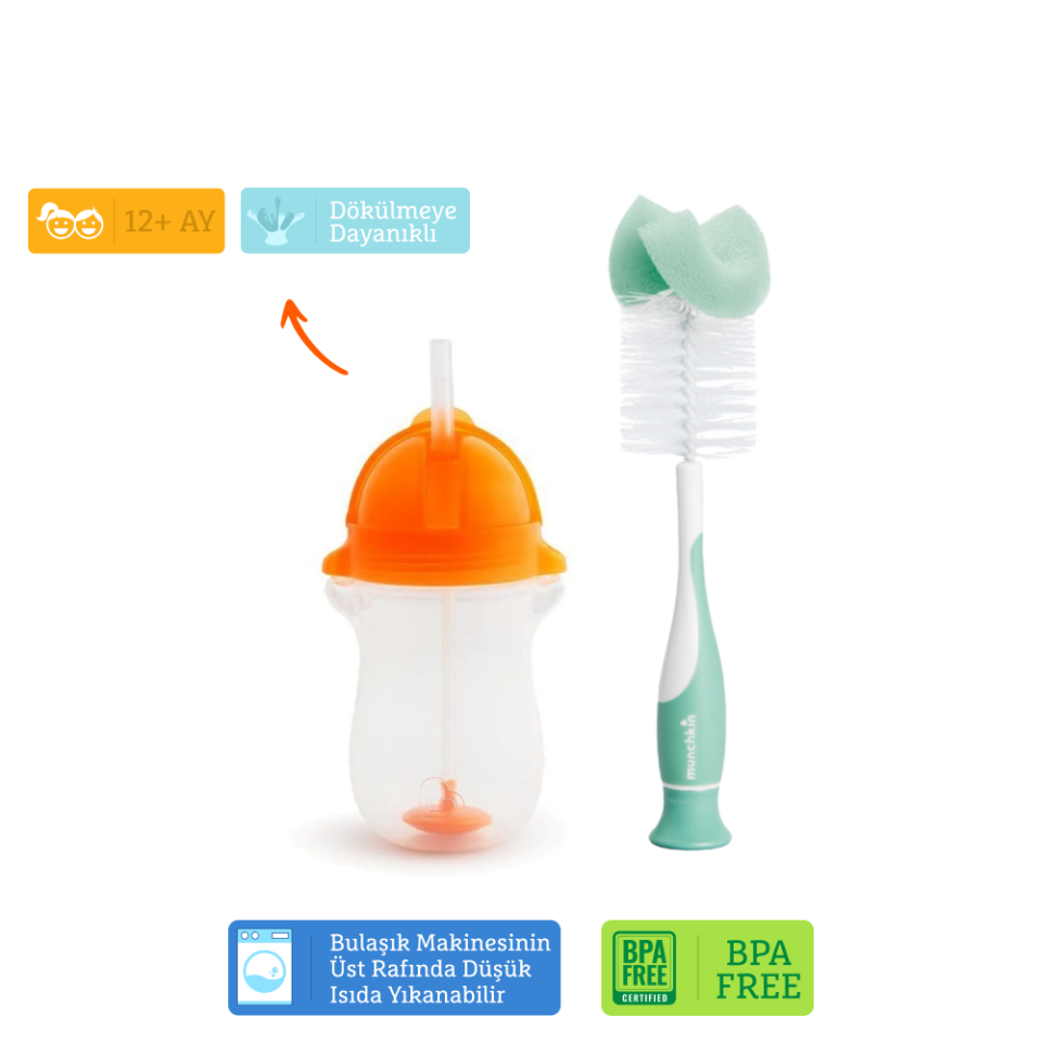 Munchkin Tıklama Kilitli Uçlu Pipetli Alıştırma Bardağı, 12ay+, 296ml,Turuncu  ve Sünger Uçlu Biberon, Bardak ve Şişe Temizleme Fırçası,Yeşil