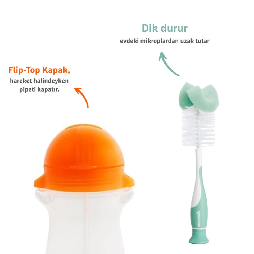 Munchkin Tıklama Kilitli Uçlu Pipetli Alıştırma Bardağı, 12ay+, 296ml,Turuncu  ve Sünger Uçlu Biberon, Bardak ve Şişe Temizleme Fırçası,Yeşil