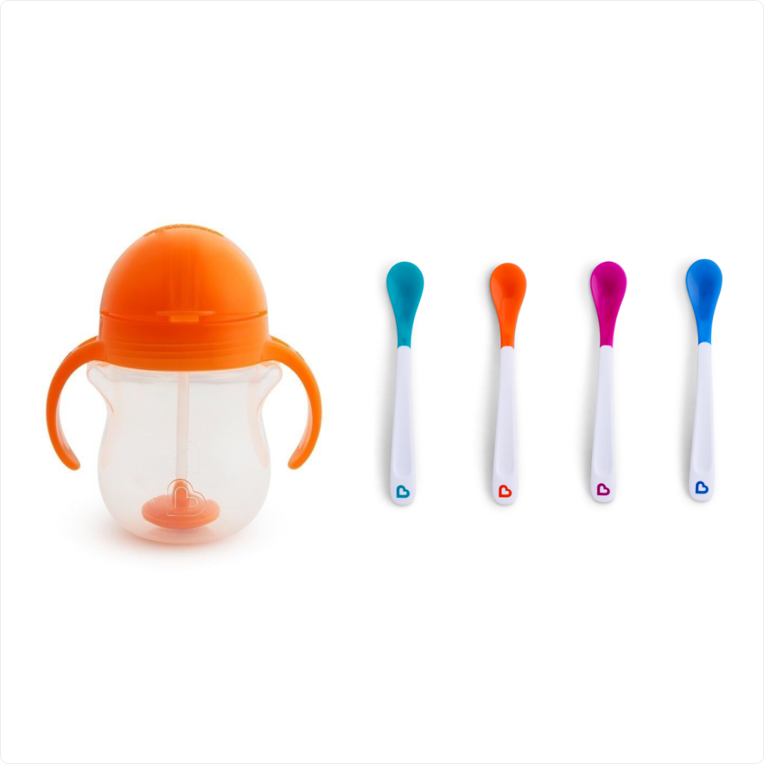 Munchkin Tıklama Kilitli Uçlu Pipetli Alıştırma Bardağı, 6ay+, 207ml, Turuncu ve Isı Göstergeli Yumuşak Uçlu Bebek Kaşıkları 2li Set