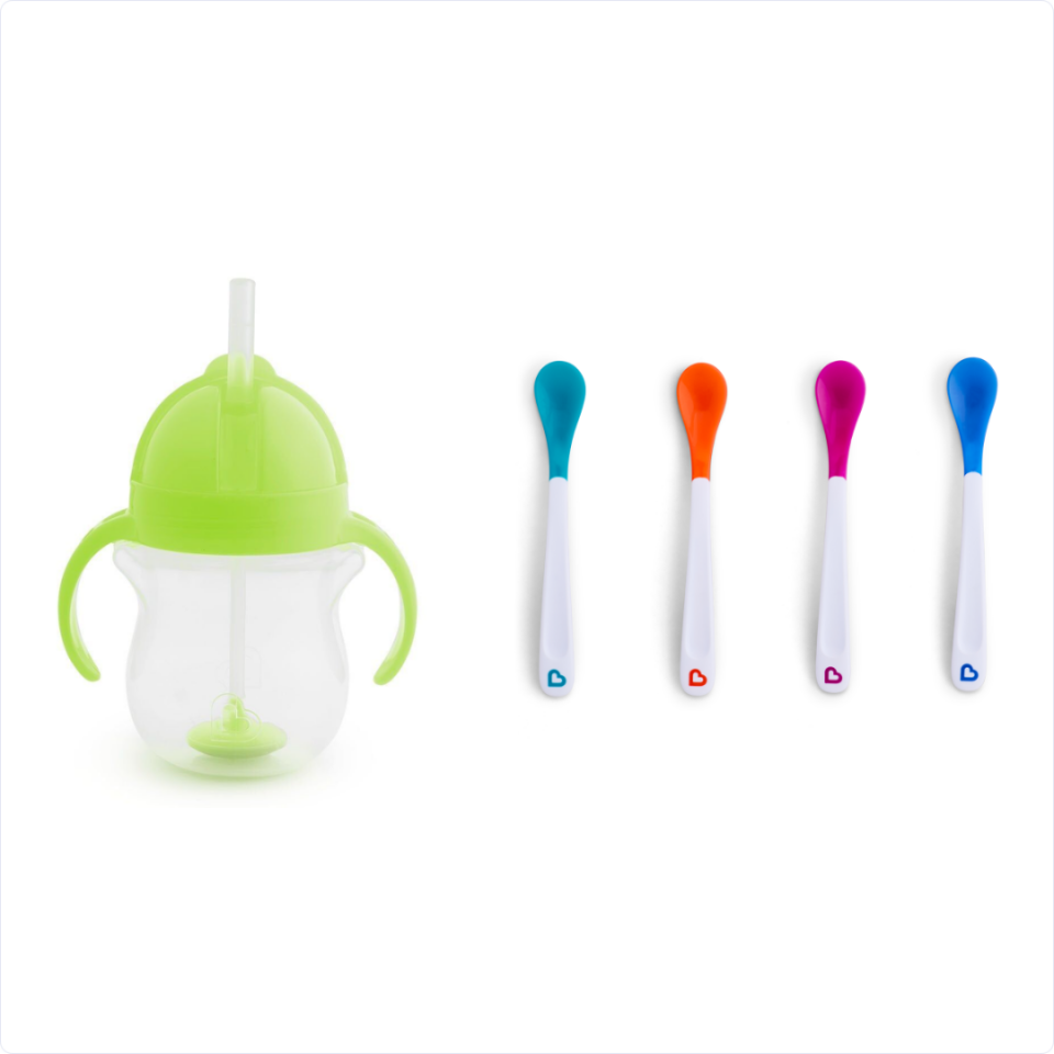 Munchkin Tıklama Kilitli Uçlu Pipetli Alıştırma Bardağı, 6ay+, 207ml, Yeşil ve Isı Göstergeli Yumuşak Uçlu Bebek Kaşıkları 2li Set