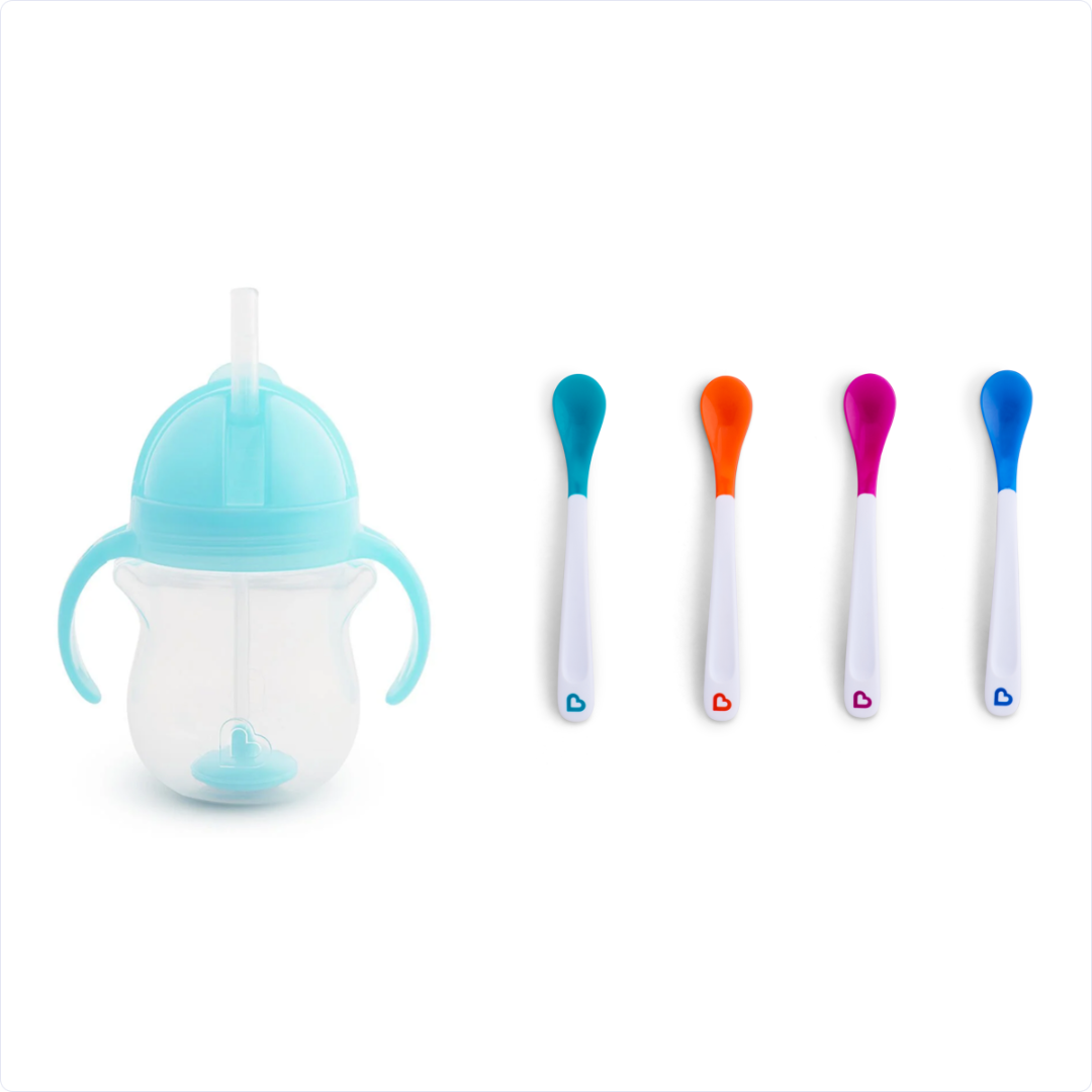 Munchkin Tıklama Kilitli Uçlu Pipetli Alıştırma Bardağı, 6ay+, 207ml, Mavi ve Isı Göstergeli Yumuşak Uçlu Bebek Kaşıkları 2li Set