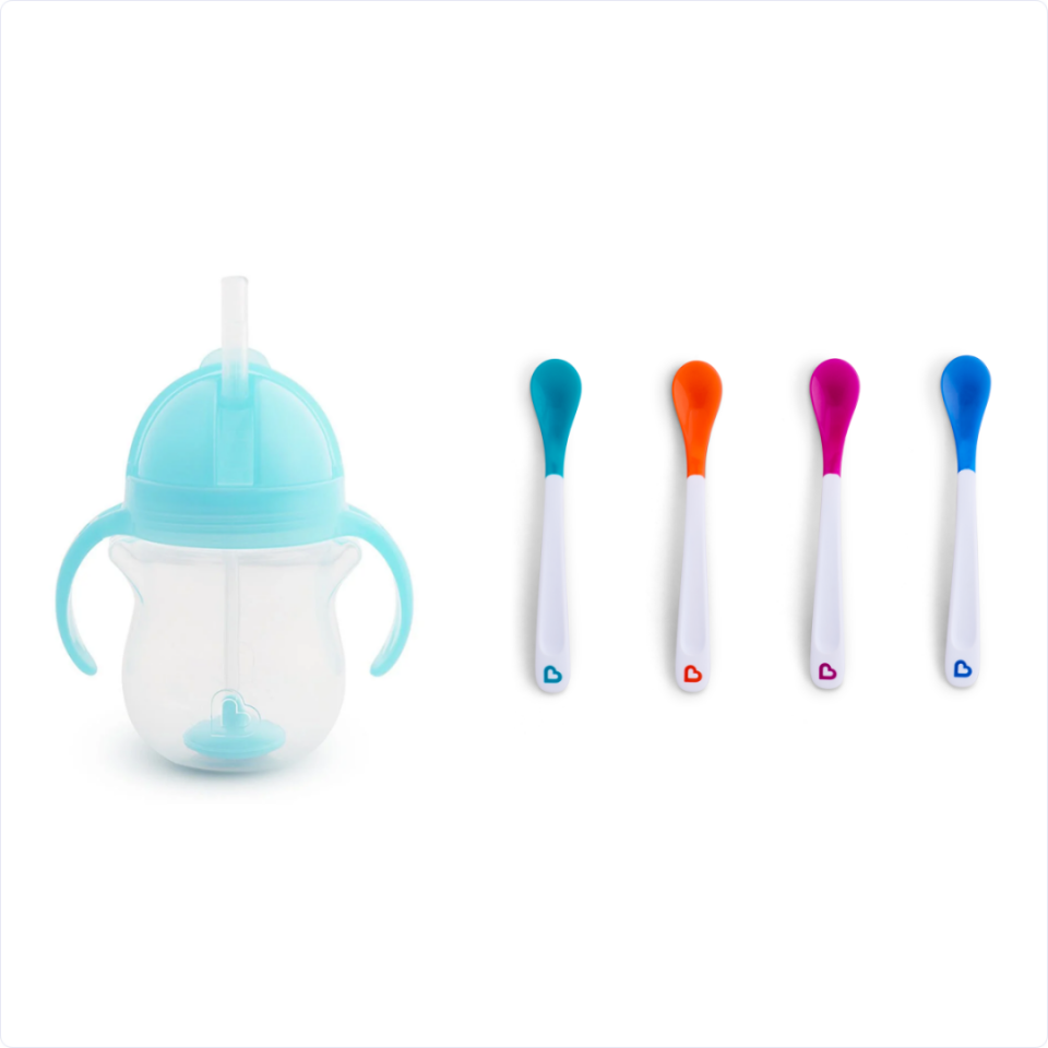 Munchkin Tıklama Kilitli Uçlu Pipetli Alıştırma Bardağı, 6ay+, 207ml, Mavi ve Isı Göstergeli Yumuşak Uçlu Bebek Kaşıkları 2li Set