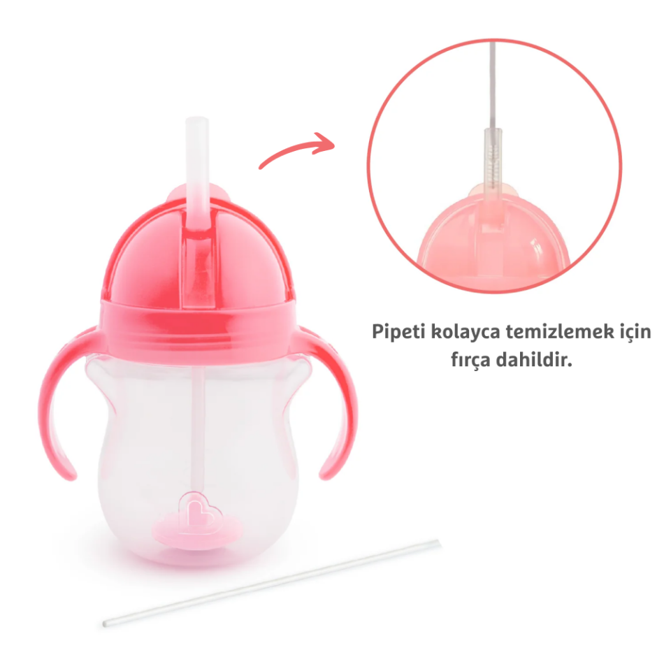 Munchkin Tıklama Kilitli Uçlu Pipetli Alıştırma Bardağı, 6ay+, 207ml, Pembe ve Isı Göstergeli Yumuşak Uçlu Bebek Kaşıkları 2li Set