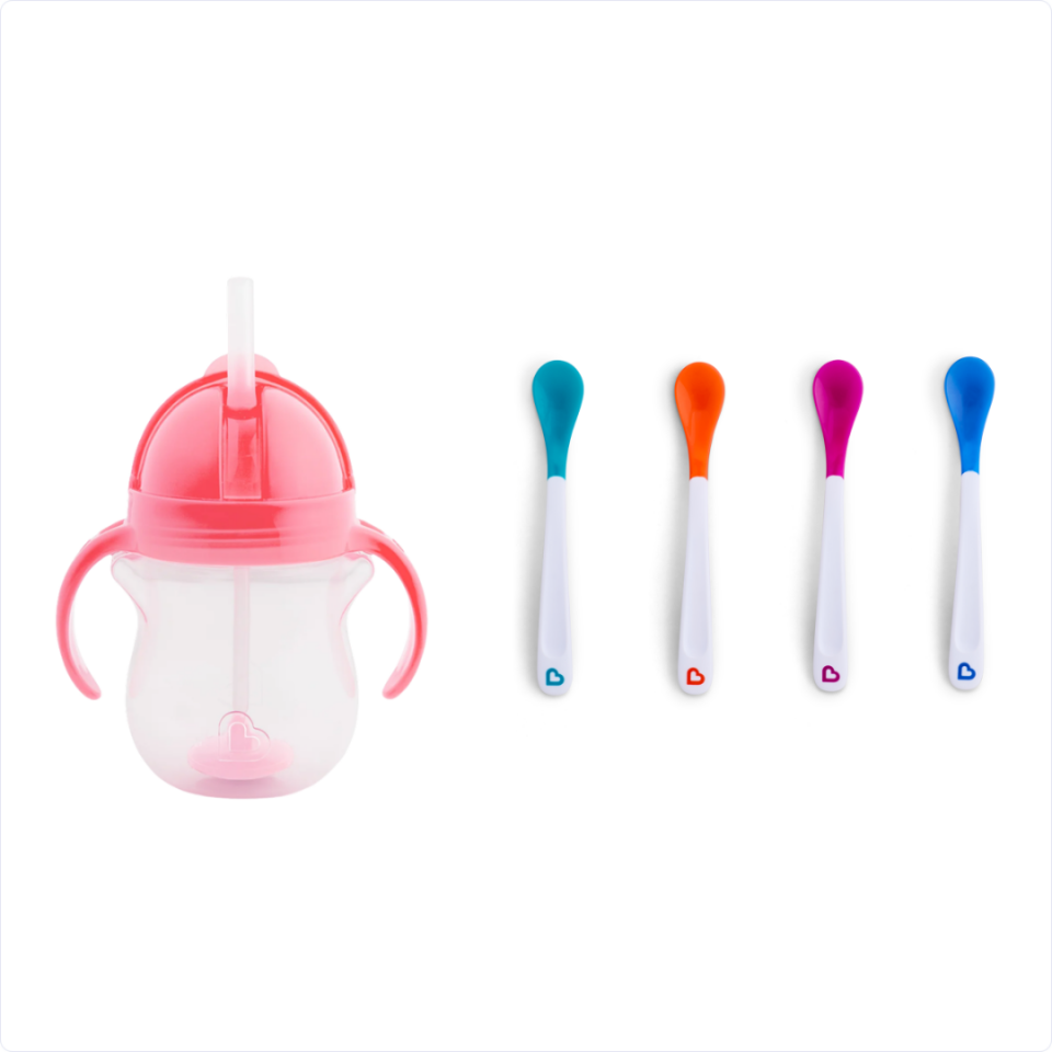 Munchkin Tıklama Kilitli Uçlu Pipetli Alıştırma Bardağı, 6ay+, 207ml, Pembe ve Isı Göstergeli Yumuşak Uçlu Bebek Kaşıkları 2li Set