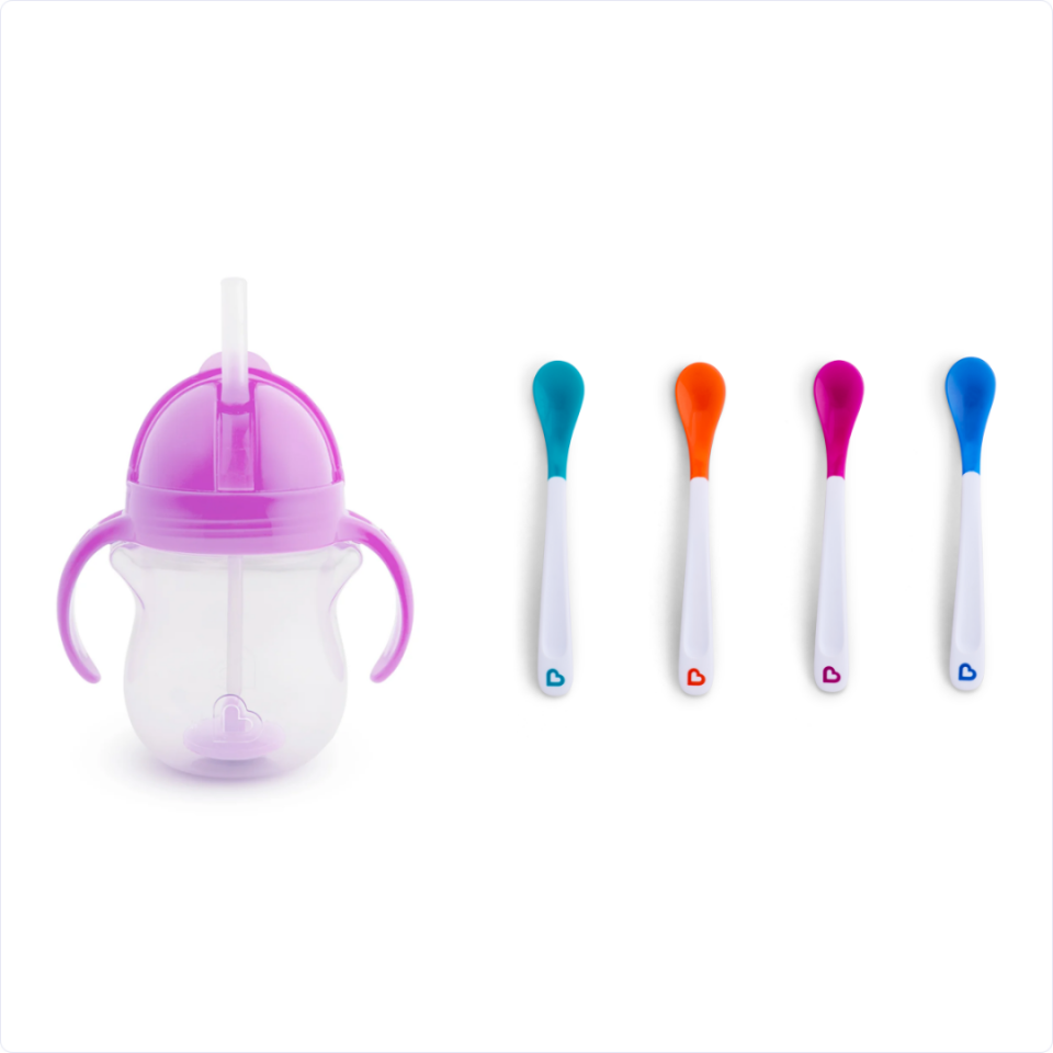 Munchkin Tıklama Kilitli Uçlu Pipetli Alıştırma Bardağı, 6ay+, 207ml, Mor ve Isı Göstergeli Yumuşak Uçlu Bebek Kaşıkları 2li Set