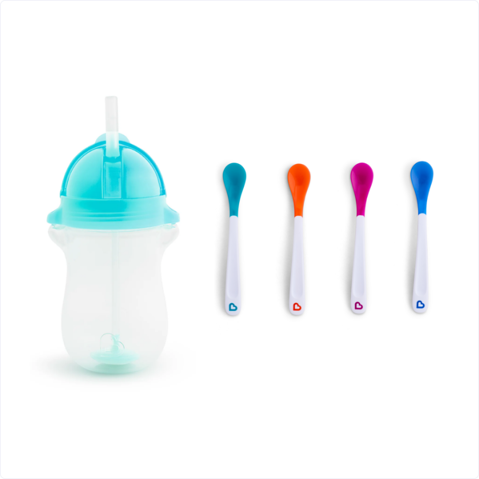 Munchkin Tıklama Kilitli Uçlu Pipetli Alıştırma Bardağı, 12ay+, 296ml, Mavi ve Isı Göstergeli Yumuşak Uçlu Bebek Kaşıkları 2li Set