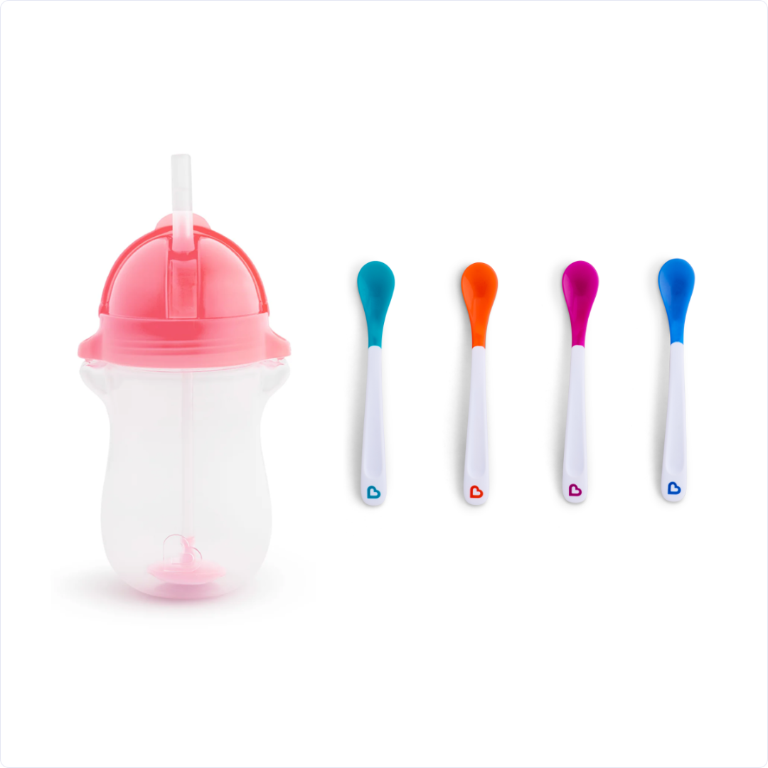 Munchkin Tıklama Kilitli Uçlu Pipetli Alıştırma Bardağı, 12ay+, 296ml, Pembe  ve Isı Göstergeli Yumuşak Uçlu Bebek Kaşıkları 2li Set