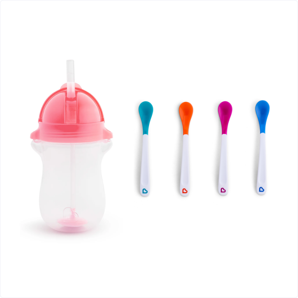 Munchkin Tıklama Kilitli Uçlu Pipetli Alıştırma Bardağı, 12ay+, 296ml, Pembe  ve Isı Göstergeli Yumuşak Uçlu Bebek Kaşıkları 2li Set