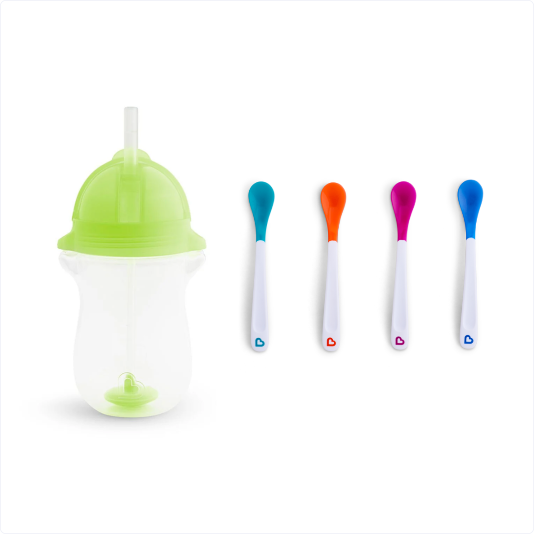 Munchkin Tıklama Kilitli Uçlu Pipetli Alıştırma Bardağı, 12ay+, 296ml, Yeşil  ve Isı Göstergeli Yumuşak Uçlu Bebek Kaşıkları 2li Set