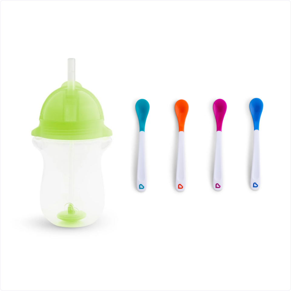 Munchkin Tıklama Kilitli Uçlu Pipetli Alıştırma Bardağı, 12ay+, 296ml, Yeşil  ve Isı Göstergeli Yumuşak Uçlu Bebek Kaşıkları 2li Set