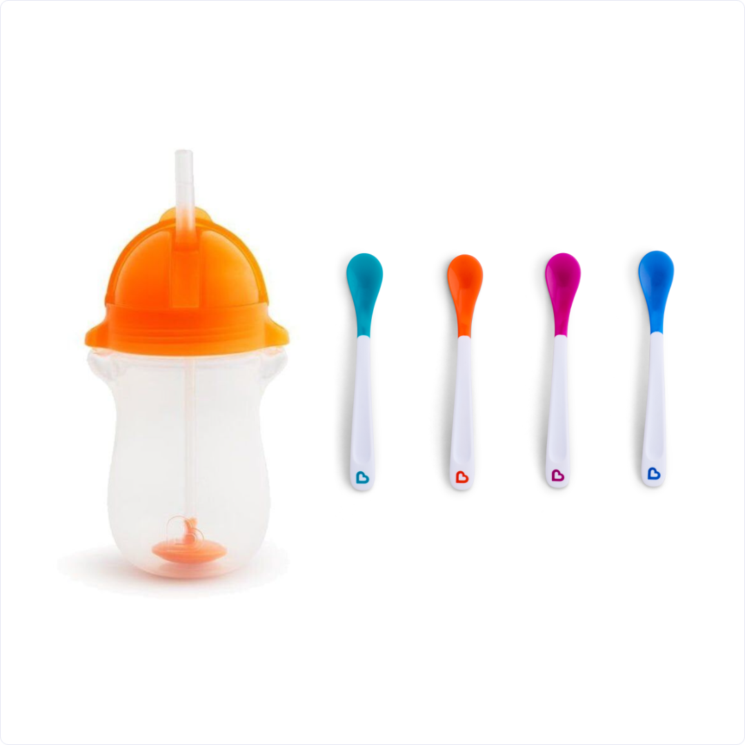 Munchkin Tıklama Kilitli Uçlu Pipetli Alıştırma Bardağı, 12ay+, 296ml, Turuncu ve Isı Göstergeli Yumuşak Uçlu Bebek Kaşıkları 2li Set