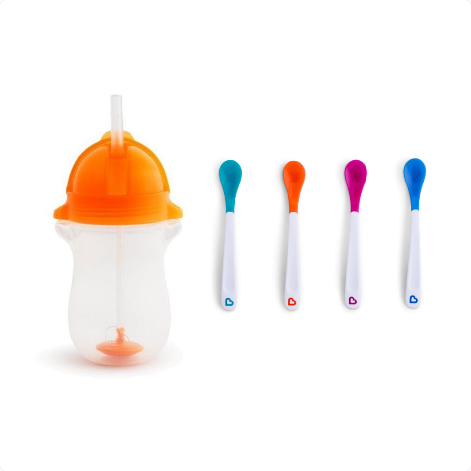 Munchkin Tıklama Kilitli Uçlu Pipetli Alıştırma Bardağı, 12ay+, 296ml, Turuncu ve Isı Göstergeli Yumuşak Uçlu Bebek Kaşıkları 2li Set