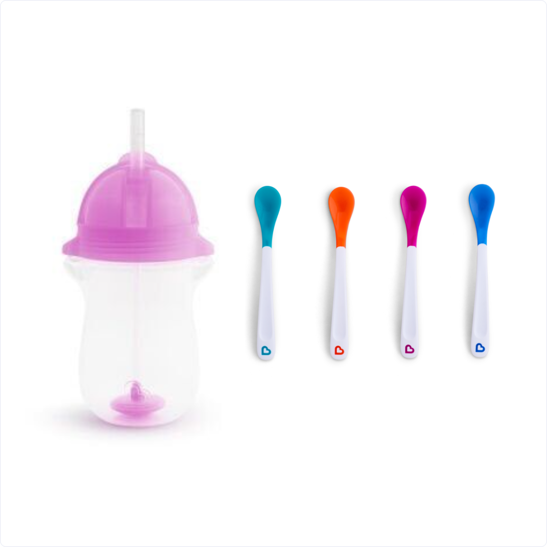 Munchkin Tıklama Kilitli Uçlu Pipetli Alıştırma Bardağı, 12ay+, 296ml, Mor ve Isı Göstergeli Yumuşak Uçlu Bebek Kaşıkları 2li Set