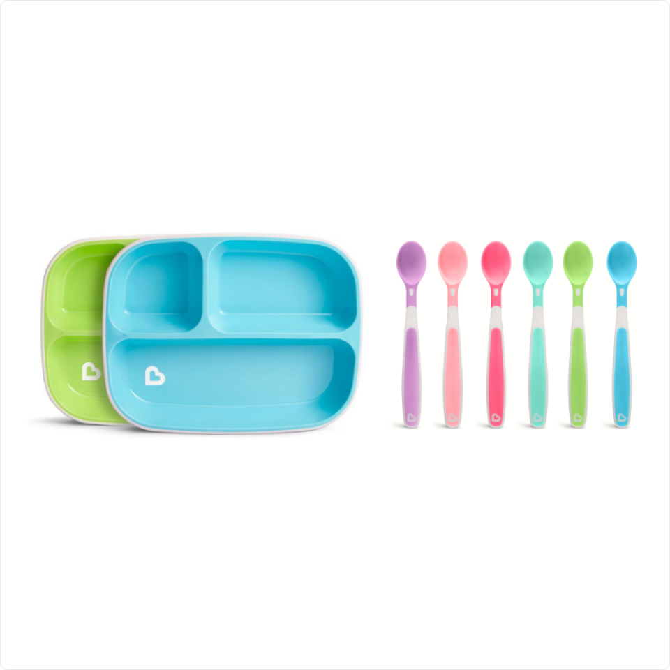 Munchkin 3 Bölmeli Sıçrama Engelleyici Tabak Seti Mavi/Yeşil ve Yumuşak Uçlu 6'lıRenkli Bebek Kaşıkları 2li Set