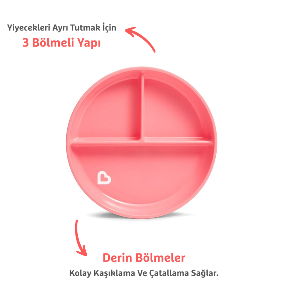 Munchkin Sabit Vakumlu Beslenme Tabağı | 6 Ay+, 3 Bölmeli Pembe ve Yumuşak Uçlu 6'lı Renkli Bebek Kaşıkları 2li Set