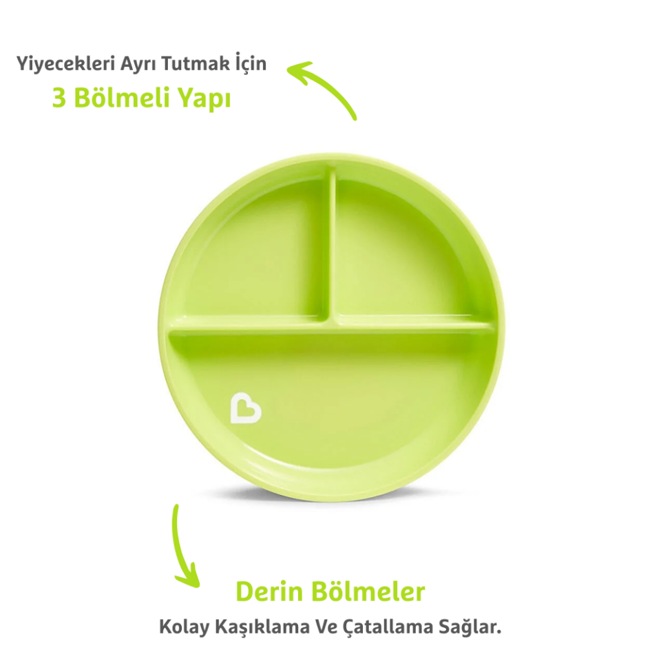 Munchkin Sabit Vakumlu Beslenme Tabağı | 6 Ay+, 3 Bölmeli Yeşil ve Yumuşak Uçlu 6'lı Renkli Bebek Kaşıkları 2li Set