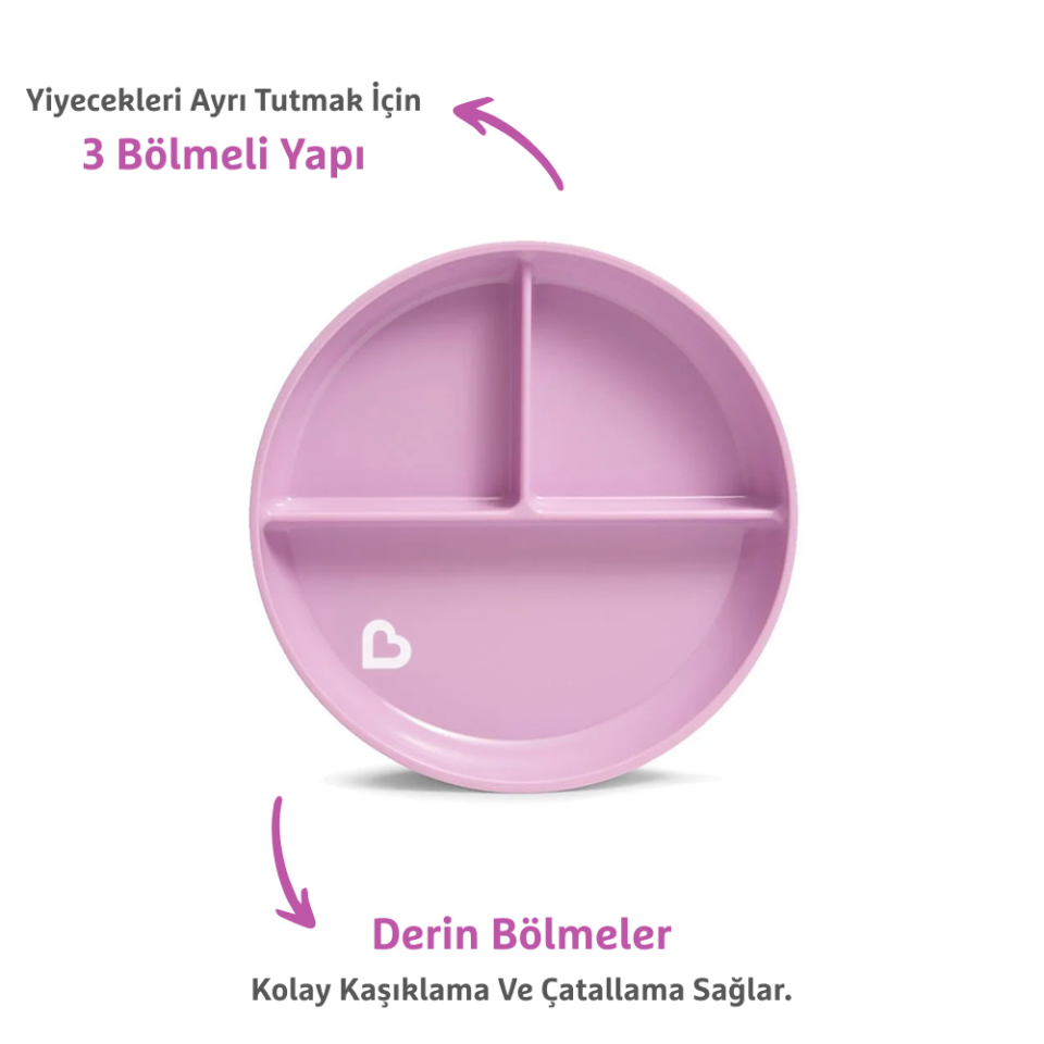 Munchkin Sabit Vakumlu Beslenme Tabağı | 6 Ay+, 3 Bölmeli Mor ve Yumuşak Uçlu 6'lı Renkli Bebek Kaşıkları 2li Set