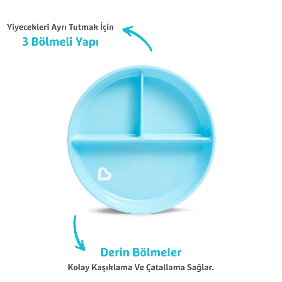 Munchkin Sabit Vakumlu Beslenme Tabağı | 6 Ay+, 3 Bölmeli Mavi ve Yumuşak Uçlu 6'lı Renkli Bebek Kaşıkları 2li Set